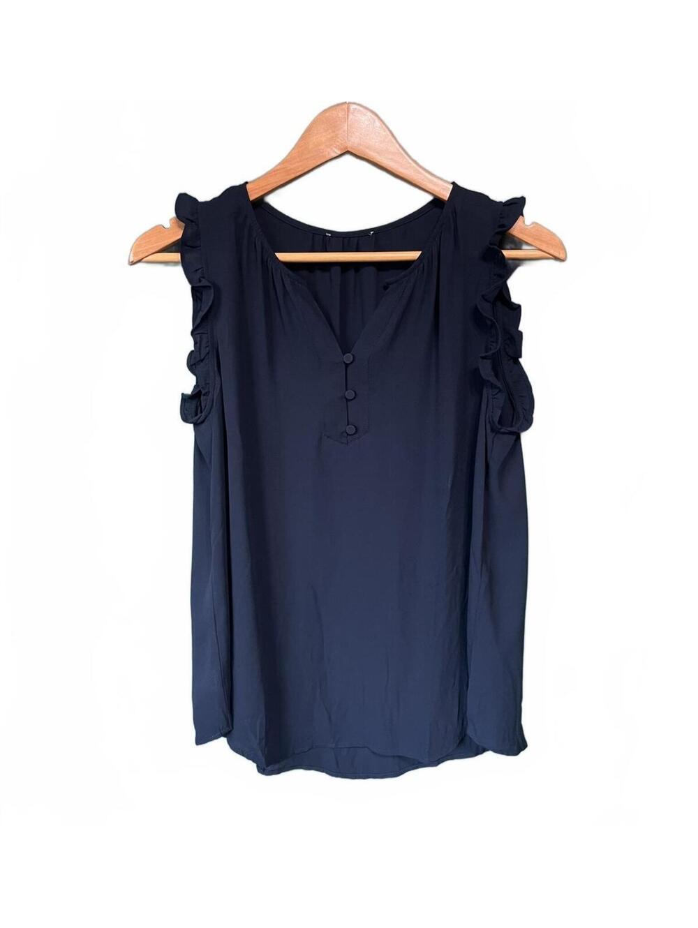 Navy Blue Ruffle Sleeve V-Neck Blouse Sleeveless Button Front Workwear Aesthetic